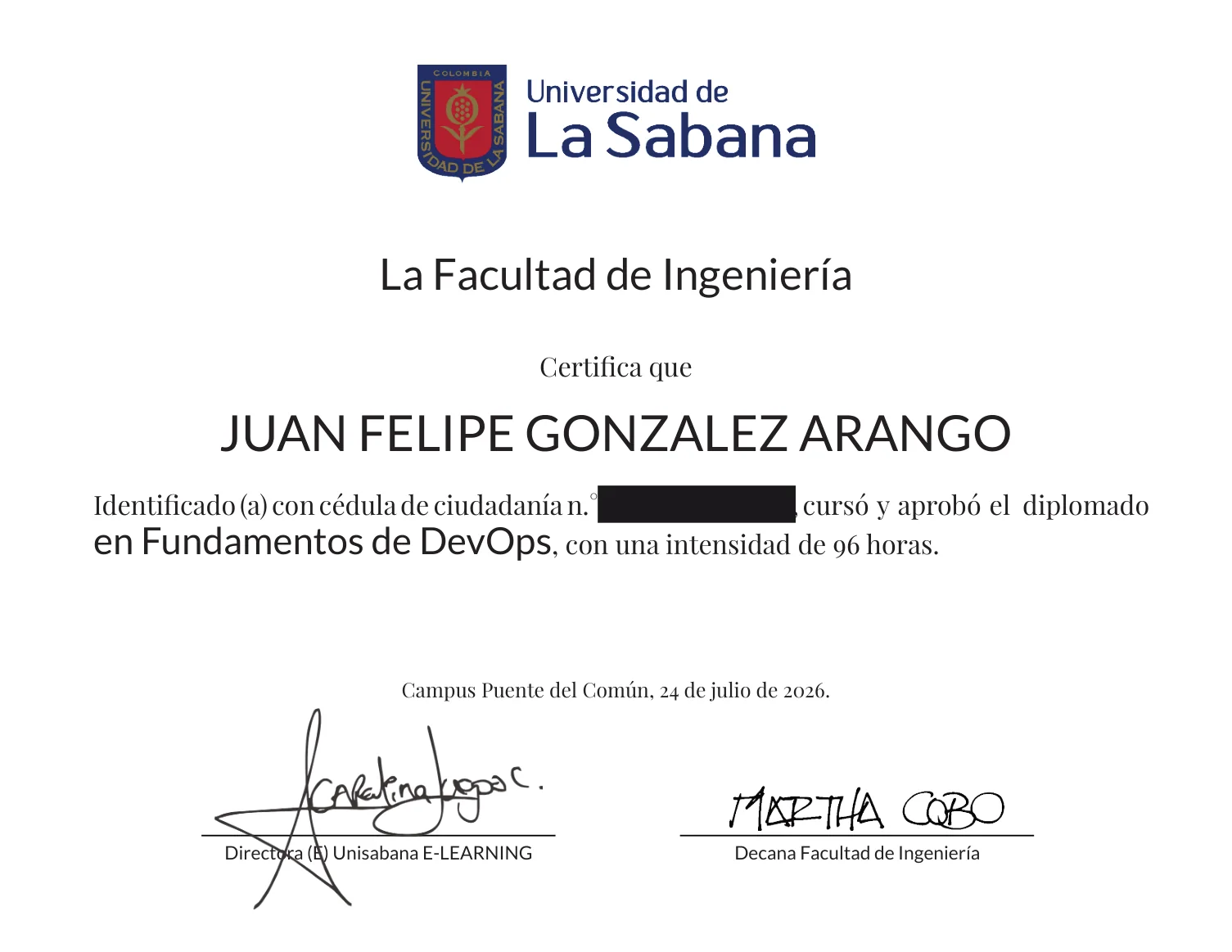 Diploma en Fundamentos de DevOps otorgado por la Facultad de Ingeniería de la Universidad de La Sabana