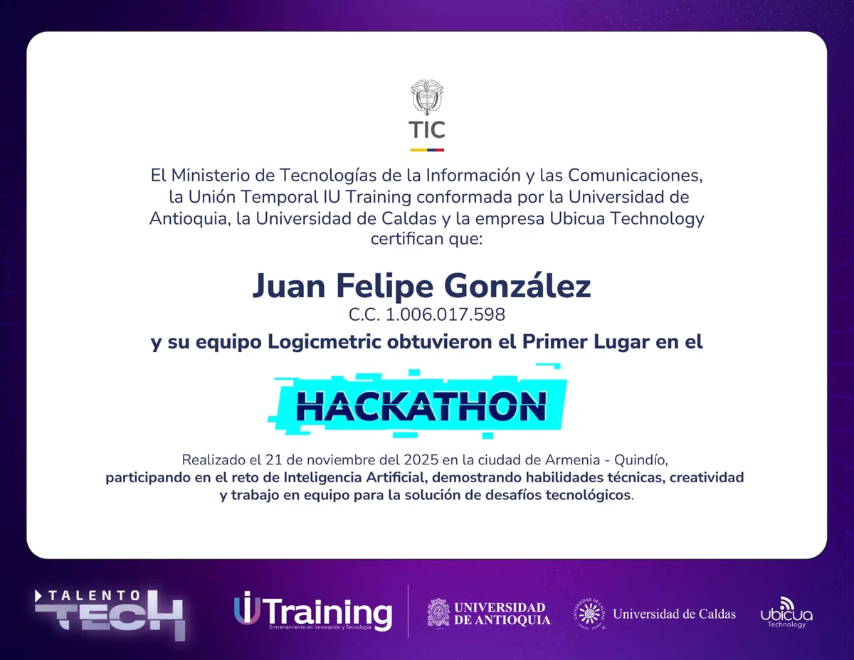 Certificado de primer lugar en el reto de inteligencia artificial